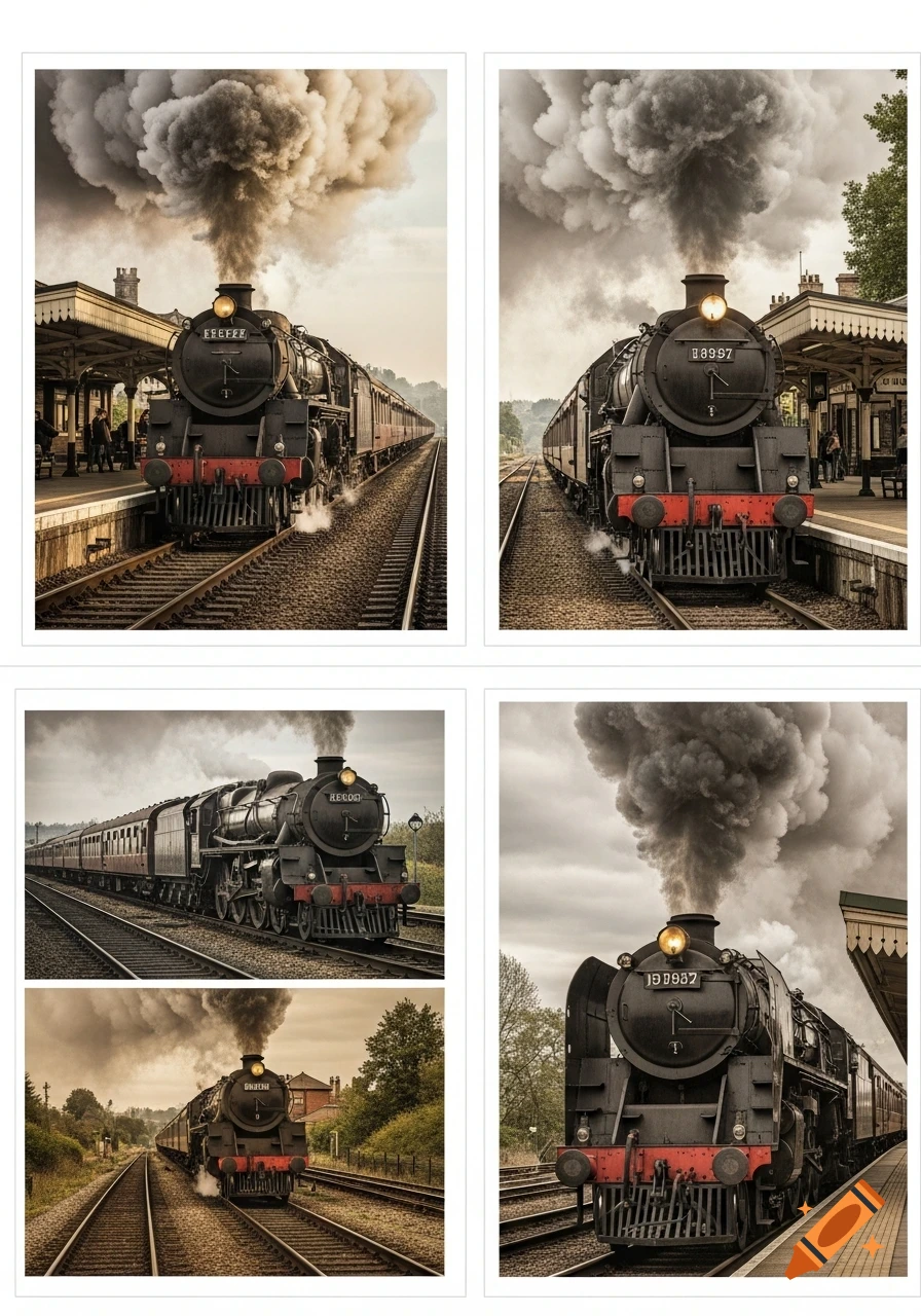 A collage of six photorealistic images featuring vintage black steam trains, some at station platforms and others on tracks in the countryside, emitting large plumes of smoke.