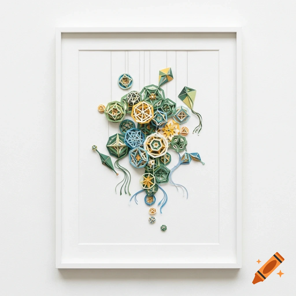 A framed, matted paper cut collage art piece with layered green, yellow, and blue geometric shapes on a white background.