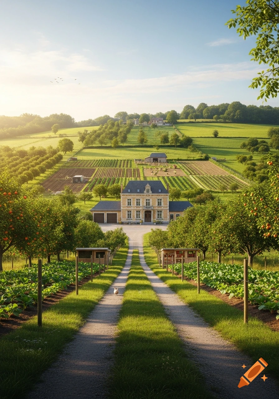 A photorealistic aerial view of a grand Belgian-style country house with a long driveway, surrounded by fruit orchards and vegetable gardens under a clear sky.
