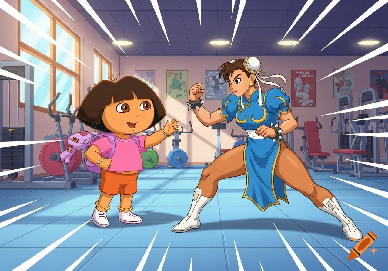 Cartoon of Dora the Explorer waving at Chun Li in a fighting pose inside a gym.