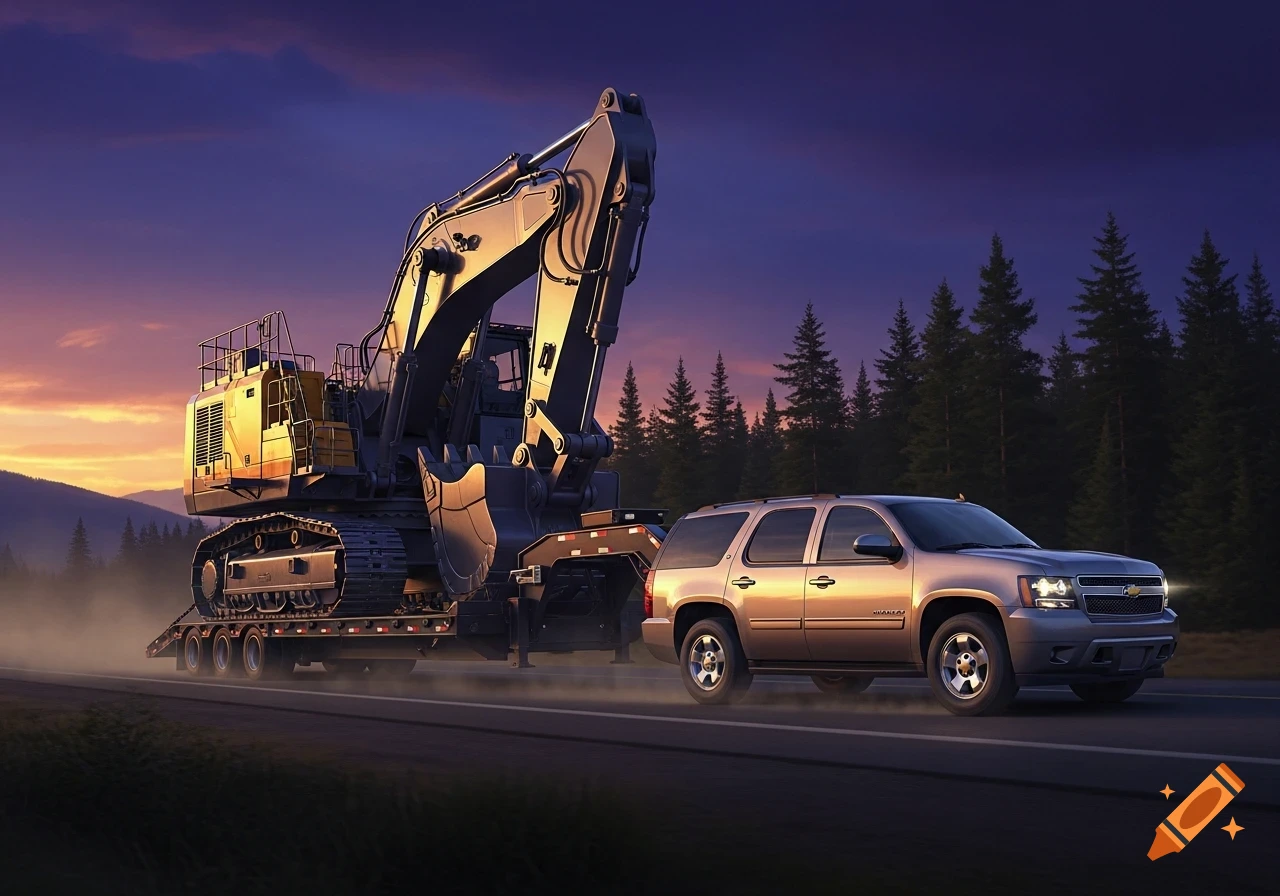 A silver Chevy Tahoe SUV tows a large mining excavator on a highway at sunset, with a forest and mountains in the background.