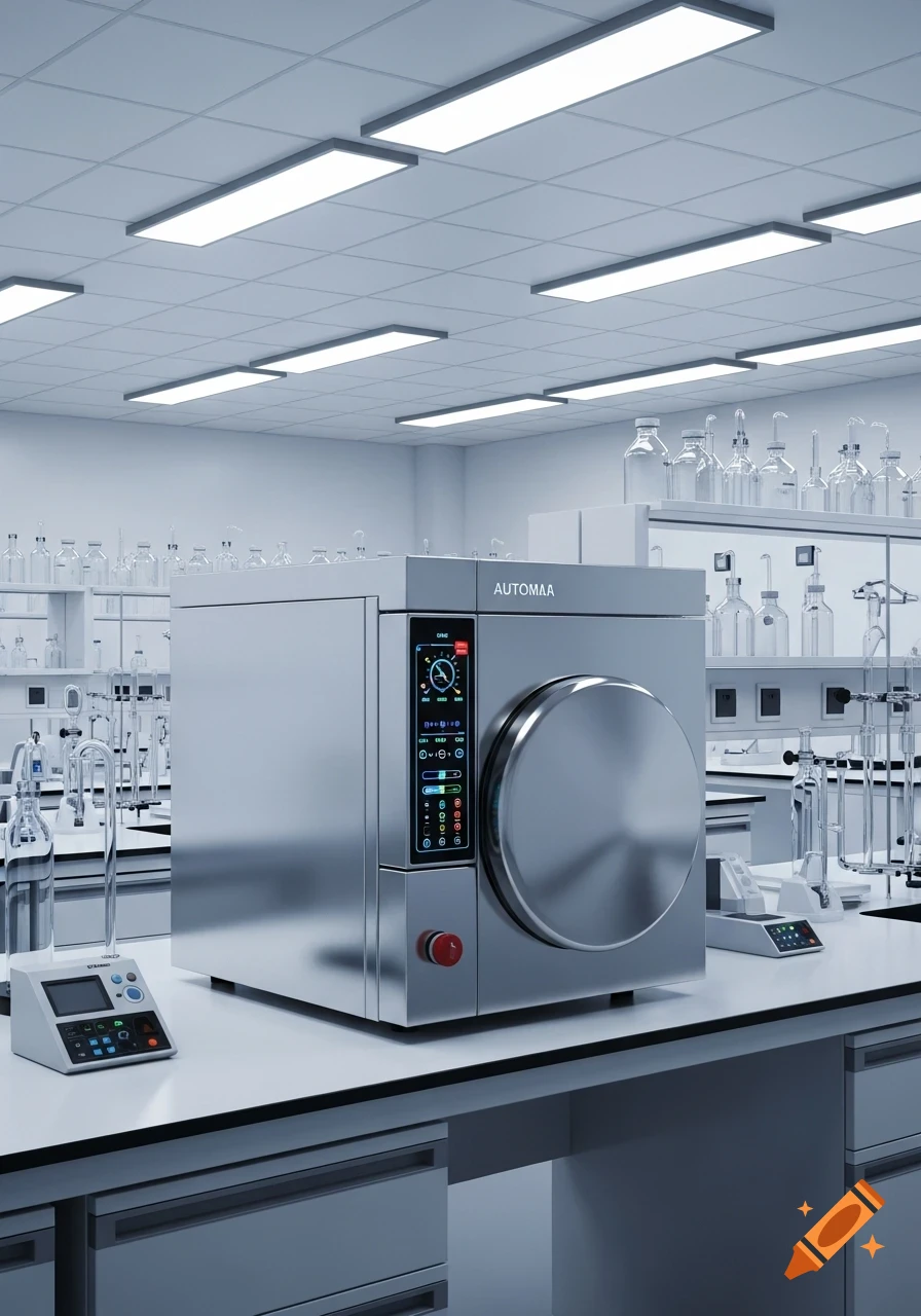 A stainless steel autoclave with a digital display on a lab bench, surrounded by glassware in a modern laboratory.
