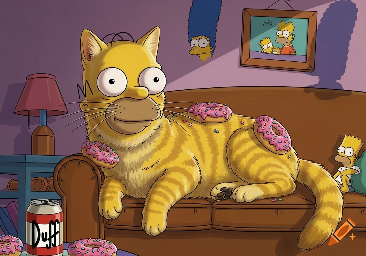 Cartoon cat with Homer Simpson's head covered in pink frosted donuts, lounging on a brown couch. Marge and Bart are in the background.