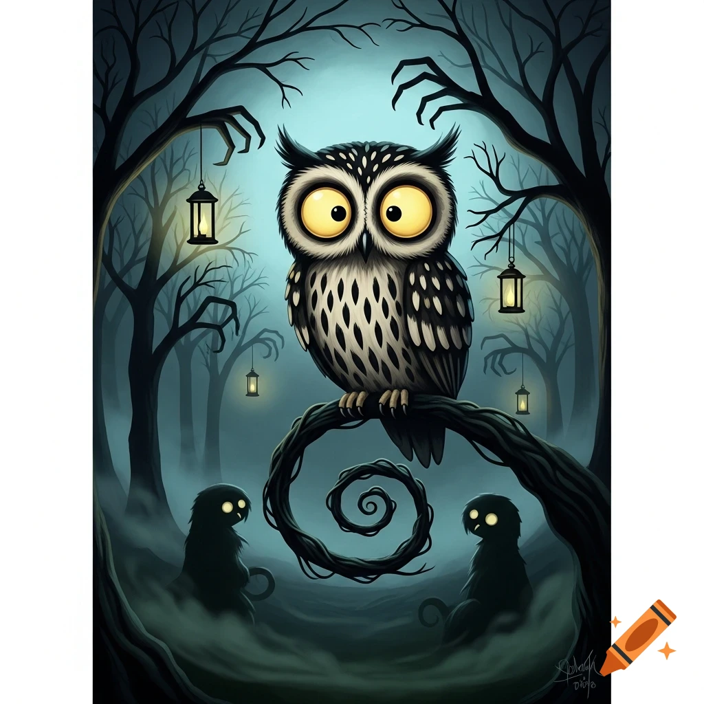 Cartoon owl with big yellow eyes perched on a twisted branch in a spooky Tim Burton-style forest with lanterns and shadowy figures.