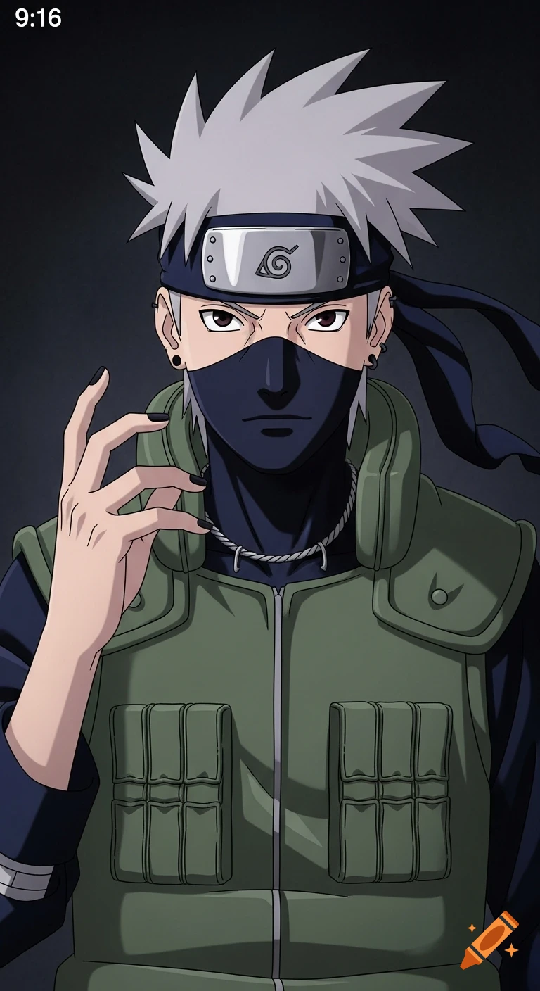 A stoic anime character resembling Kakashi, with spiky gray hair, a dark mask, a Konoha headband, a green flak jacket, and black painted fingernails, in a dramatic, dark style.