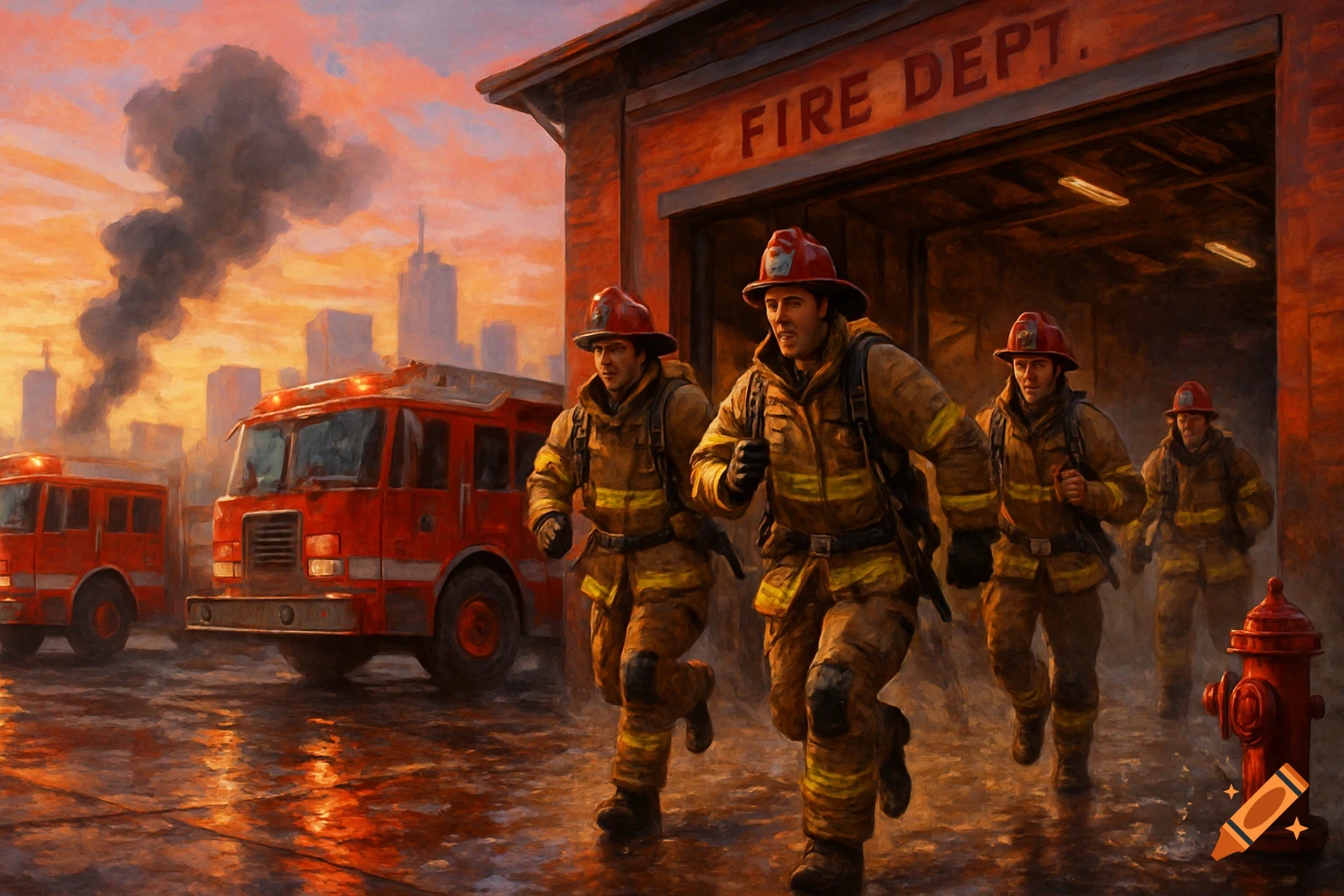 Painterly image of firefighters running from a fire station with two fire trucks parked outside, a city skyline with smoke, and a sunset.
