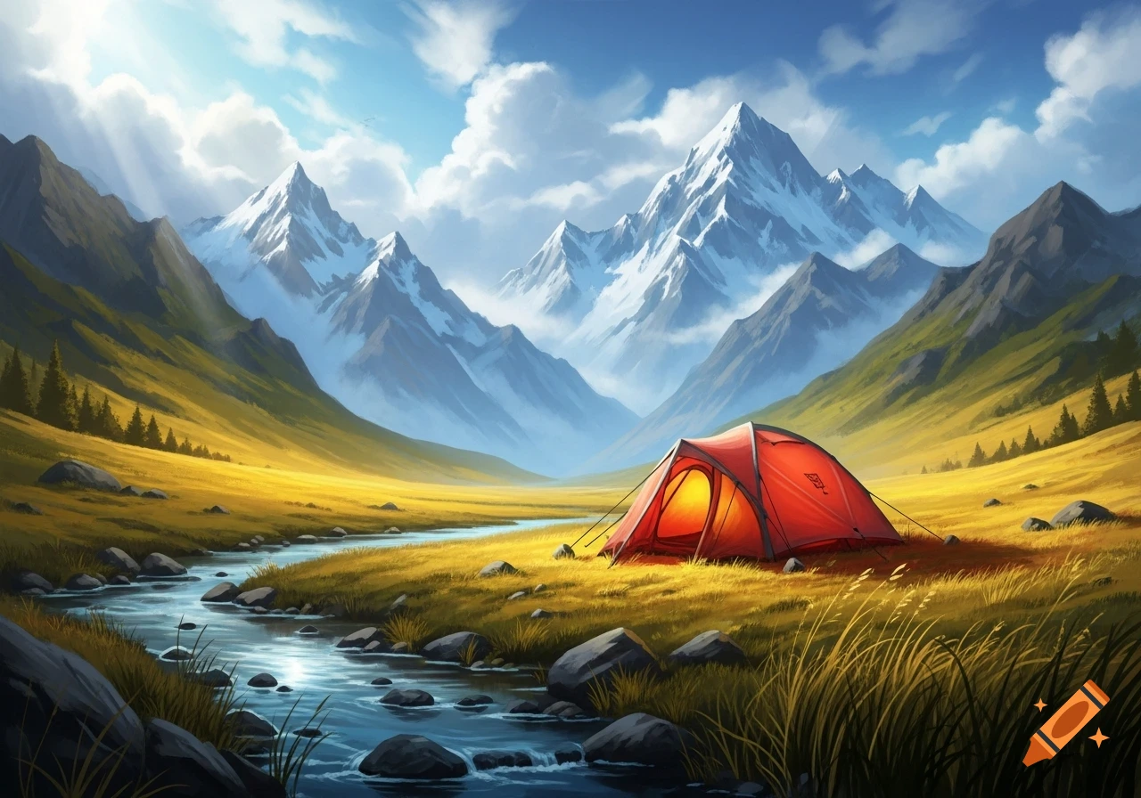 A vibrant red tent beside a flowing river in a golden mountain valley under a blue sky, painterly style.