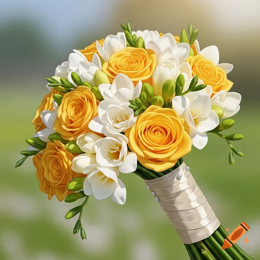 A vibrant bouquet featuring yellow roses and white freesias, tied with a cream ribbon, against a blurred green and blue background.