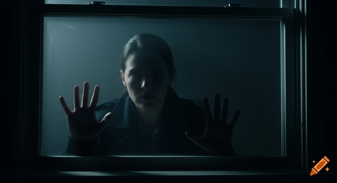 A woman with a serious expression presses her hands against a foggy window at night, lit by subtle moonlight, in a suspenseful, photorealistic style.
