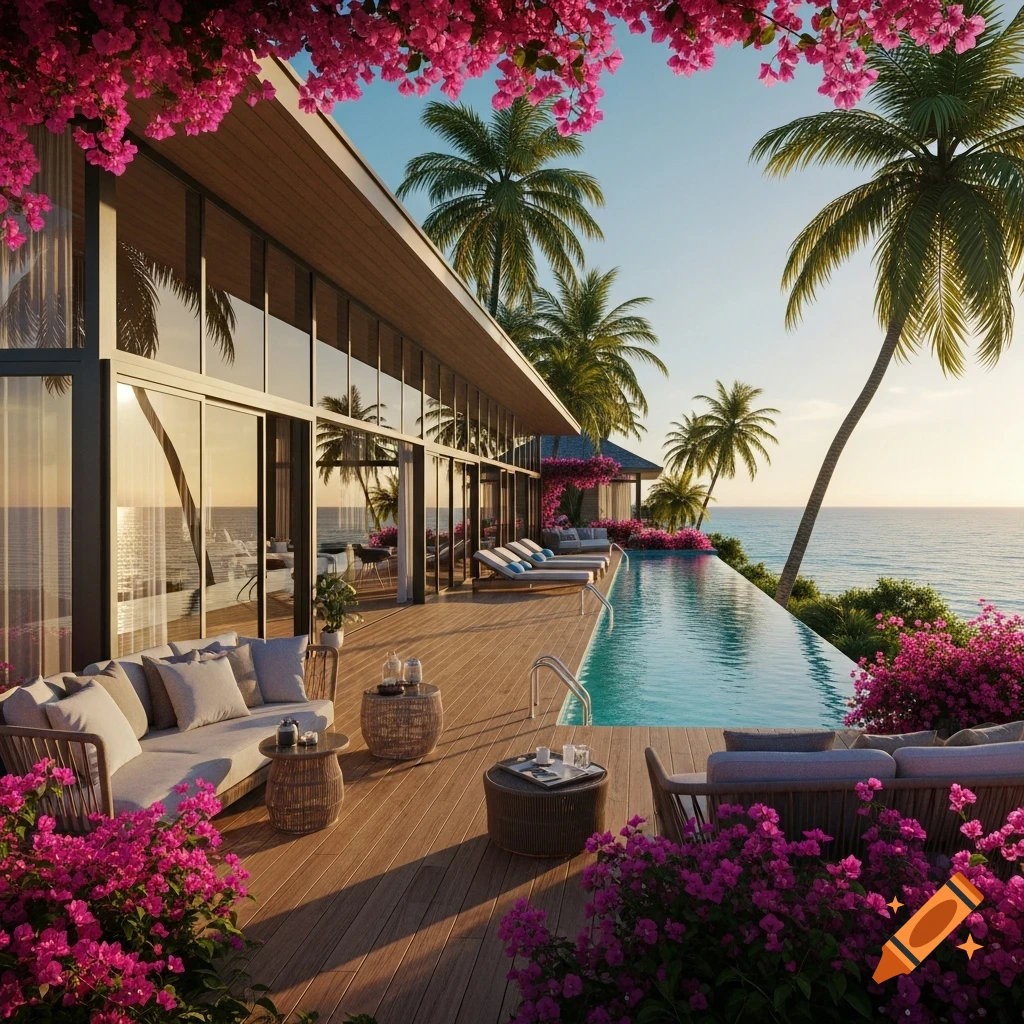 Photorealistic luxury bungalow with an infinity pool overlooking a sunset ocean, surrounded by vibrant pink bougainvillea and palm trees.