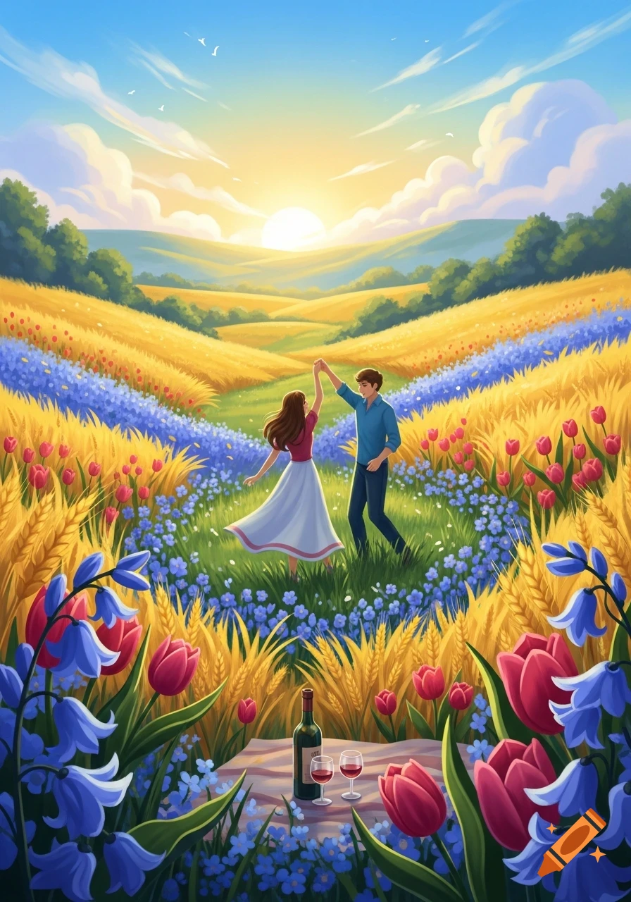 Illustration of a couple dancing in a vibrant field of flowers and wheat at sunset, with a picnic in the foreground.
