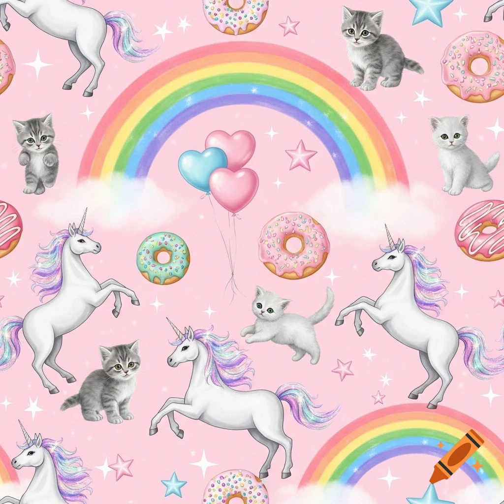 Seamless pink wallpaper pattern with cute kittens, unicorns, rainbows, donuts, hearts, and stars.