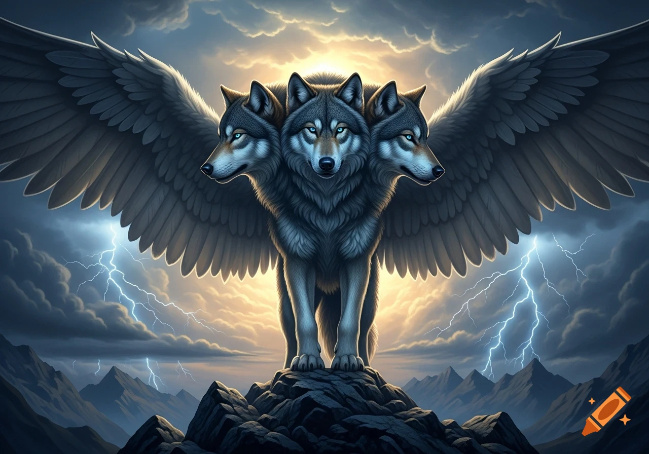 A majestic three-headed alpha wolf with large, dark wings stands on a rocky mountain peak, framed by a dramatic sky with lightning and golden light.