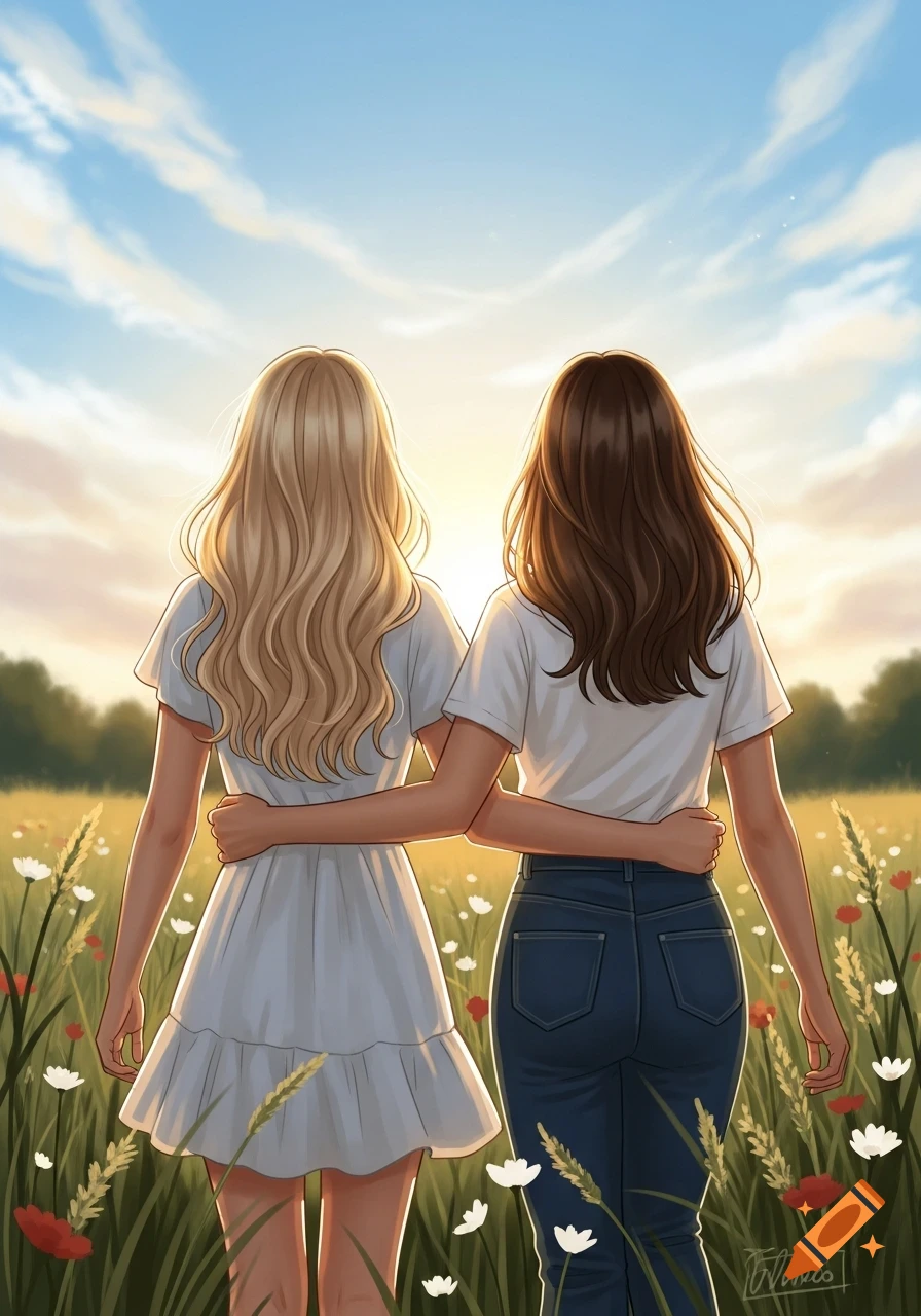 Digital illustration of two women embracing, viewed from behind, walking through a sunlit field of wildflowers at sunset.