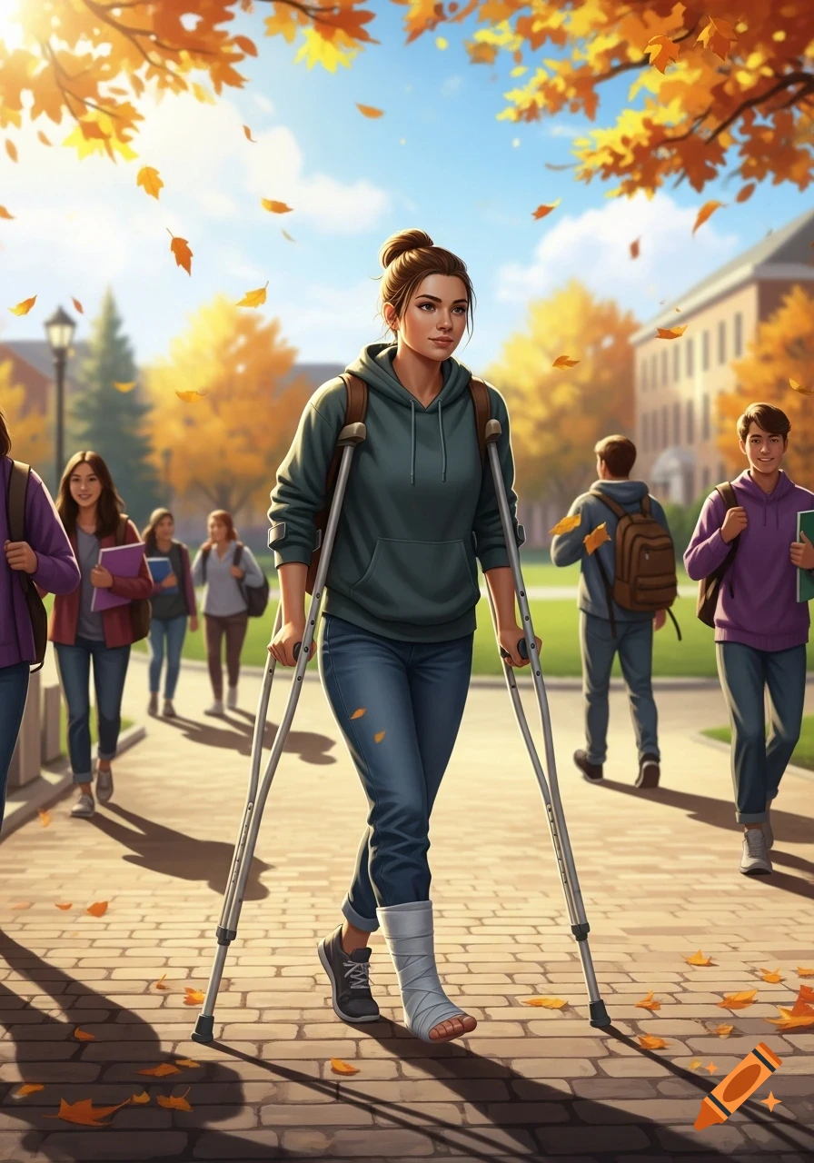 A young woman on crutches walks through a sunny autumn college campus with falling leaves and other students.