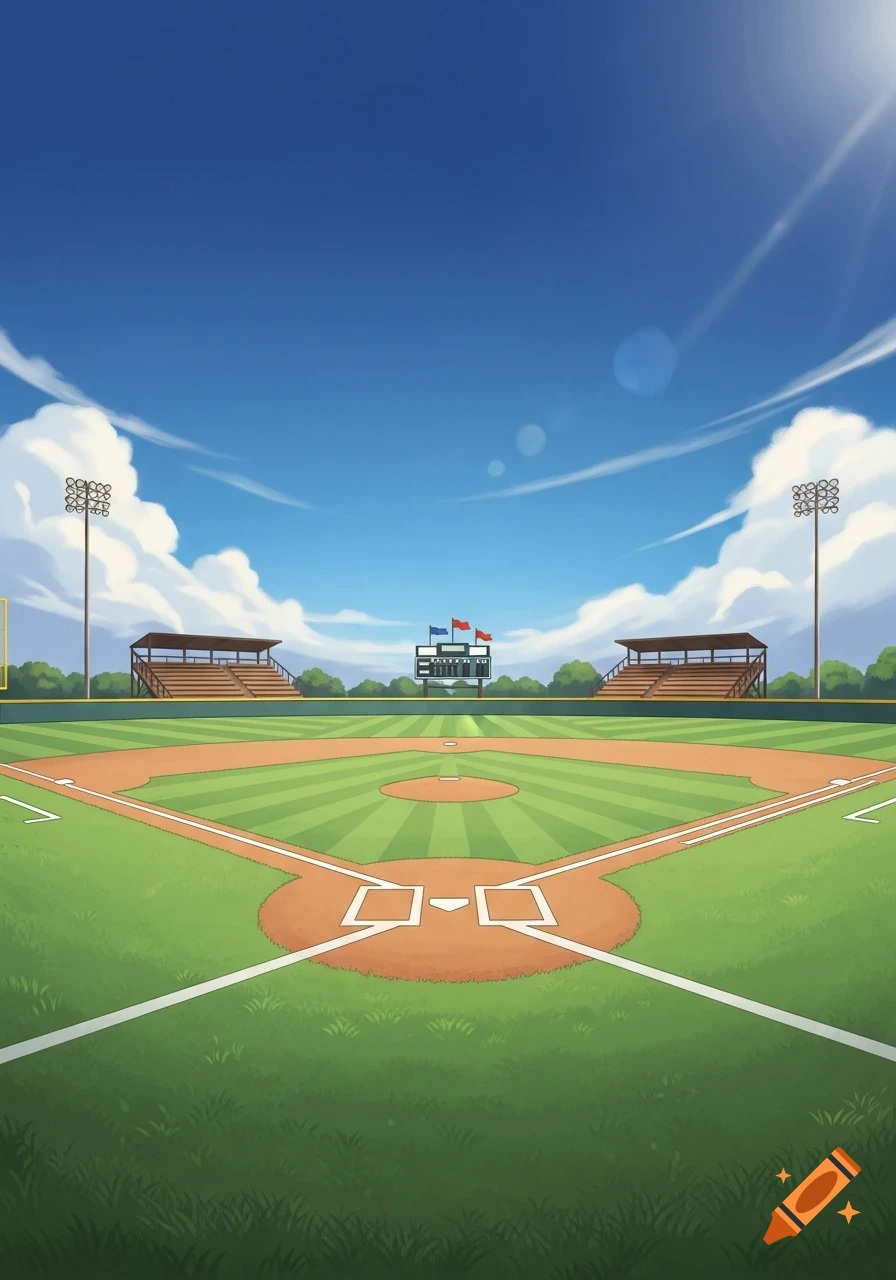 Cartoon illustration of an empty baseball field with a scoreboard, dugouts, and bright blue sky.