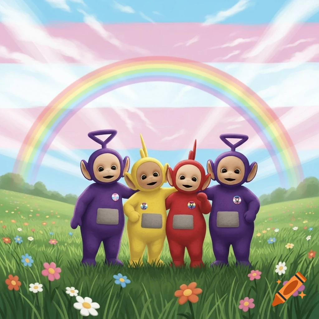Four Teletubbies stand in a grassy field with colorful flowers, a rainbow, and a transgender pride flag sky. They wear pride badges.