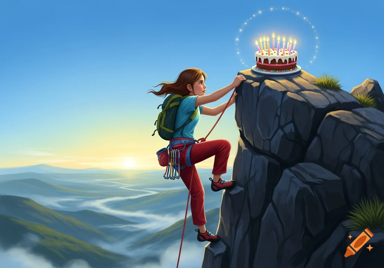 A cartoon woman rock climbs a steep mountain towards a glowing birthday cake with lit candles on the summit, overlooking a vast mountain range.