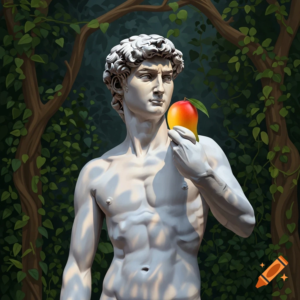 A classical marble statue resembling David holds a ripe mango in a lush green, leafy forest.