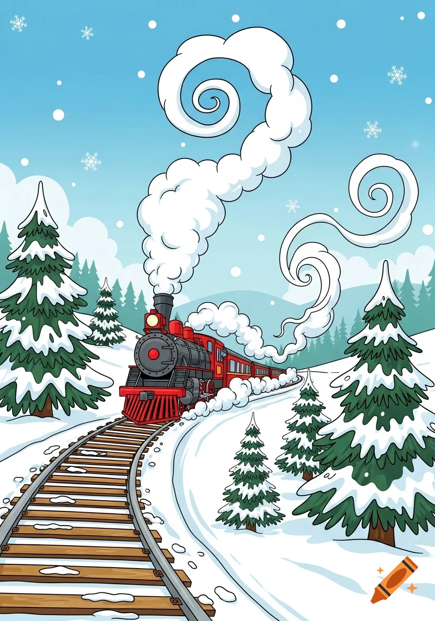 A cartoon red steam train on winding tracks through a snowy winter landscape with fir trees and falling snowflakes under a blue sky.