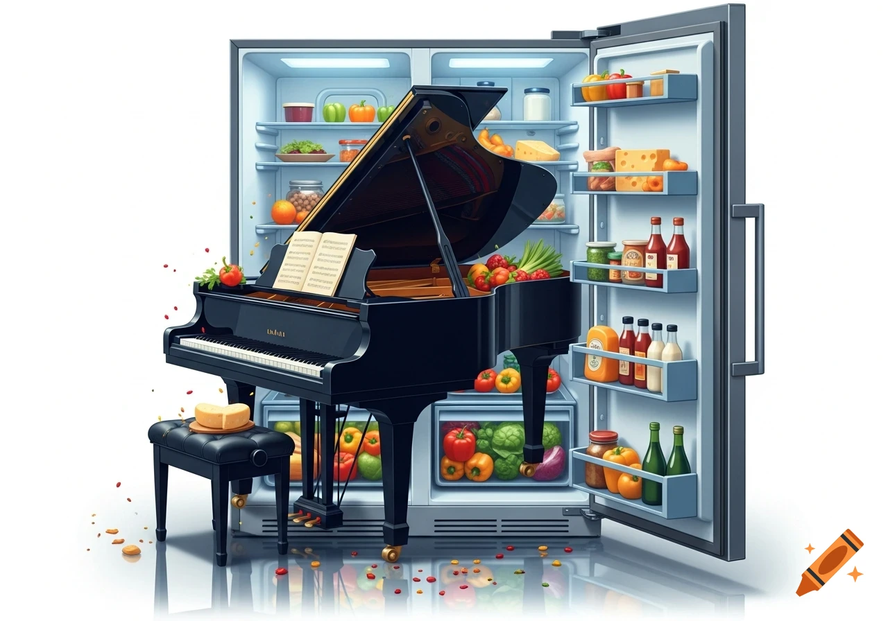 A black grand piano overflowing with fresh produce, set inside an open, fully stocked refrigerator, with a music stand and a stool with cheese.