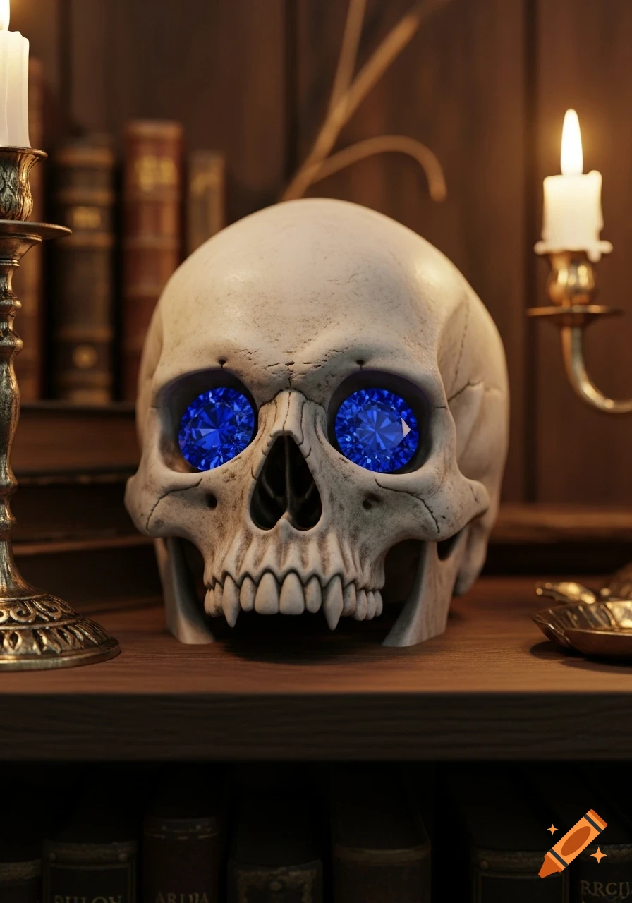 A detailed human skull with glowing blue sapphires in its eye sockets sits on a wooden shelf, flanked by lit candles and old books.