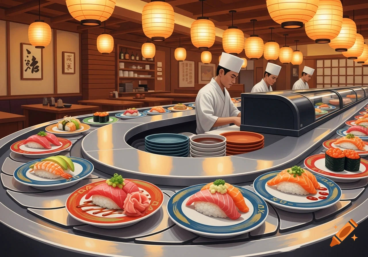 An animated view of a bustling sushi-go-round restaurant, with chefs preparing various sushi dishes on a conveyor belt under warm lantern lights.