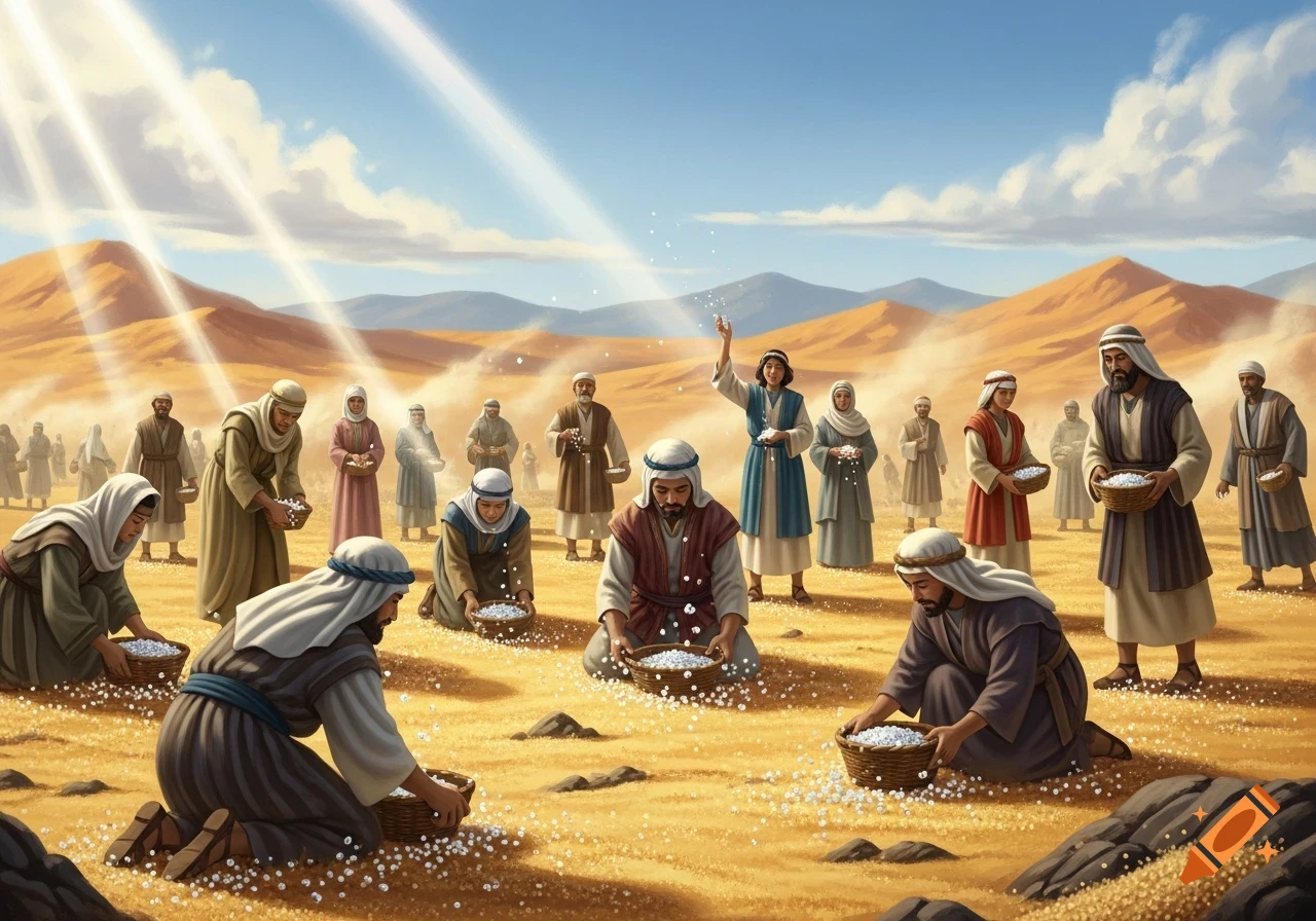 People in ancient robes gather white manna from the ground in a sunny desert with mountains under a blue sky.