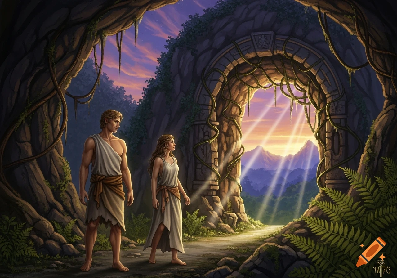 A man and a woman in simple robes exit a dark, vine-covered cave into a vibrant, sunlit mountain landscape with a colorful sky.