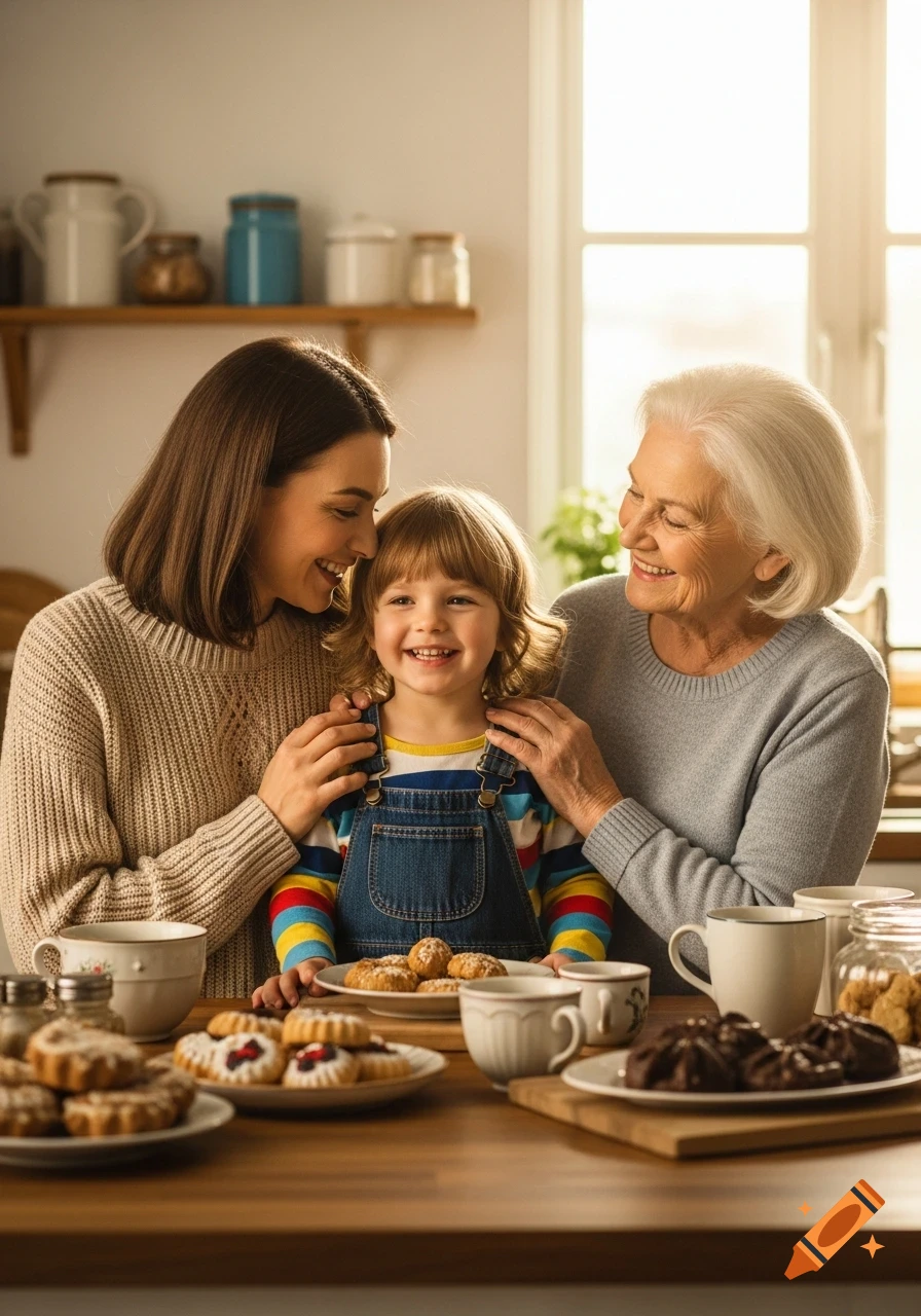 Smiling mother, child, and grandmother in a sunny kitchen with plates of pastries.