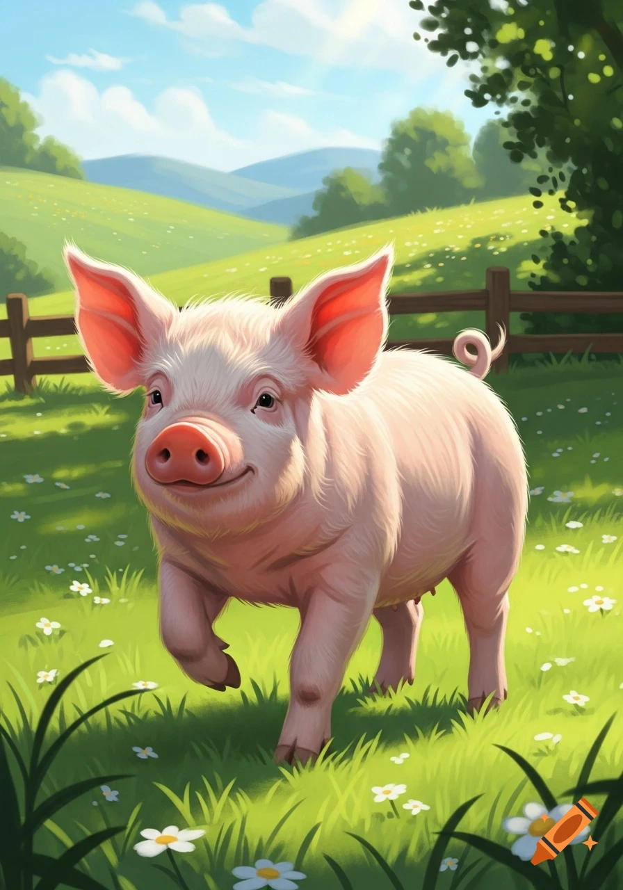 A happy pink pig walks through a sunny green field with white flowers, a wooden fence, and rolling hills in a cartoon style.
