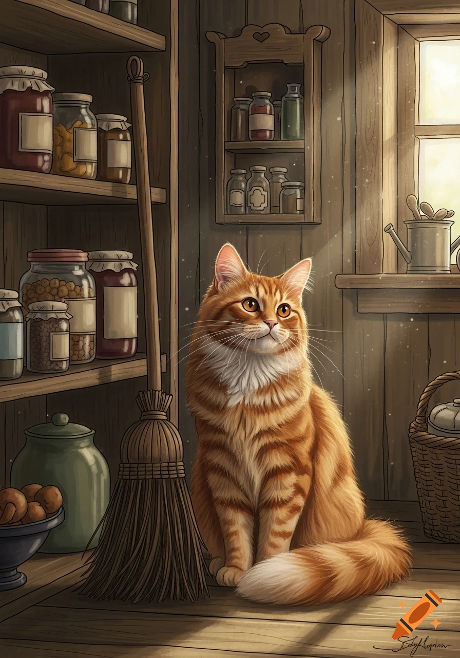 An orange tabby cat sits on a wooden floor in a rustic pantry next to a broom and shelves filled with jars, illuminated by sunlight.
