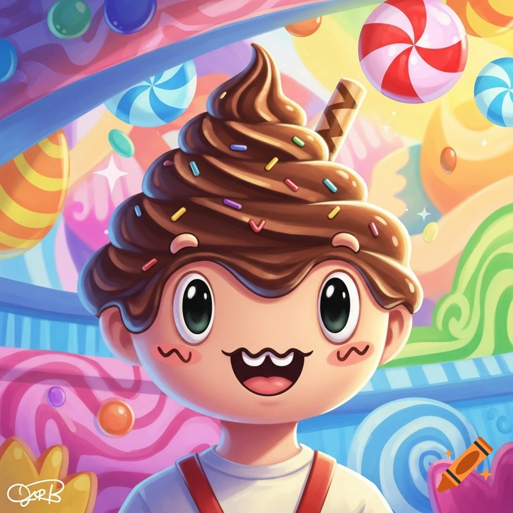 Cute cartoon character with chocolate swirl hair and sprinkles, surrounded by colorful candies and sweets, vibrant style.