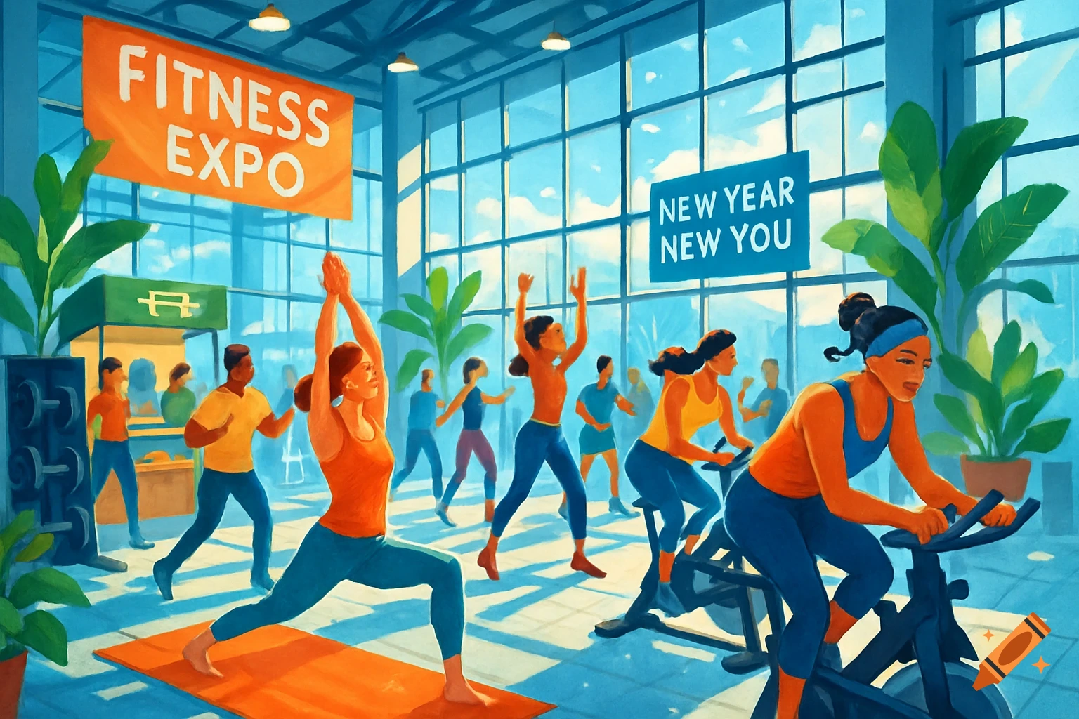 A stylized illustration of people exercising in a bright gym with "Fitness Expo" and "New Year New You" banners.