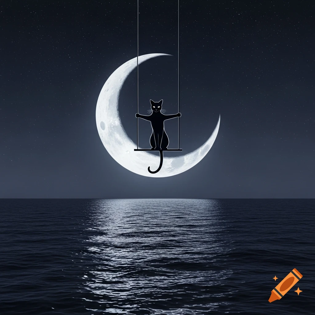 A black cat sits on a swing attached to a bright crescent moon, suspended above a dark, reflective sea under a starry night.