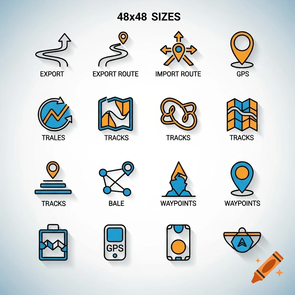 A grid of 16 outlined icons with orange and blue accents, representing various navigation and GPS software features like routes, tracks, and waypoints.