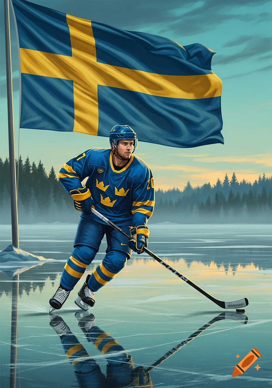 An ice hockey player in a blue and yellow Swedish national team jersey skates on a frozen lake, with a large Swedish flag waving in the background.