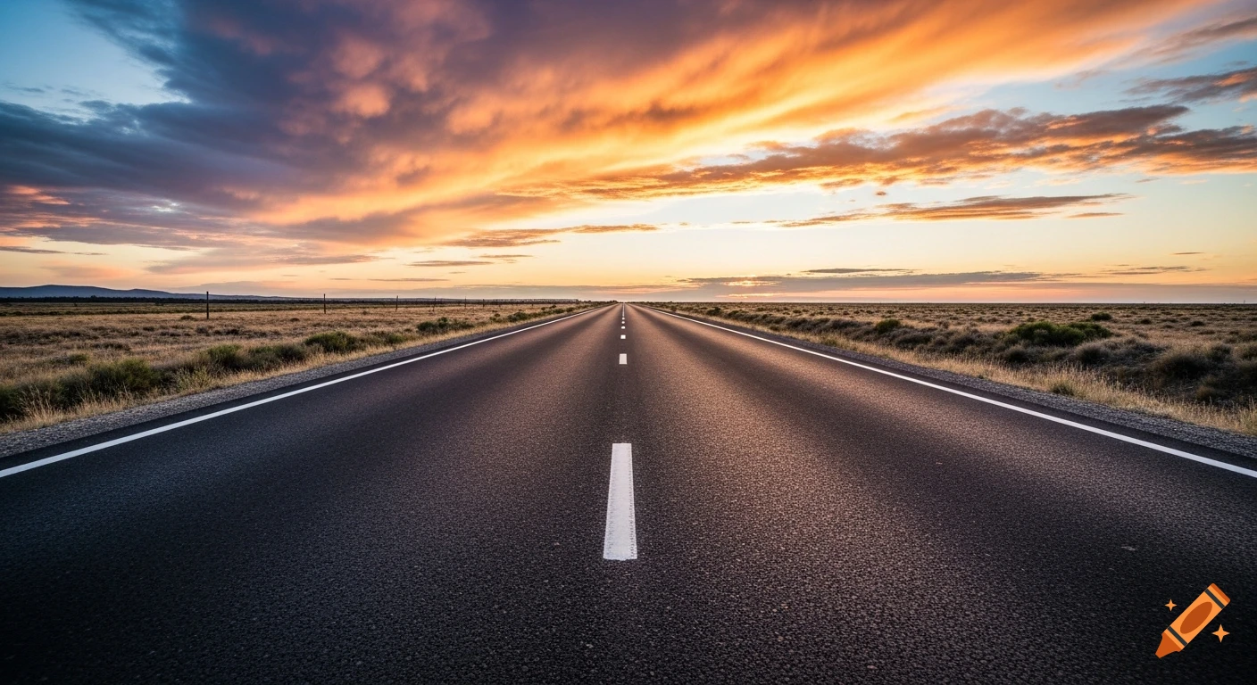 A straight asphalt road extends into the distance under a dramatic sunset sky with orange, purple, and blue clouds over a flat, arid landscape.