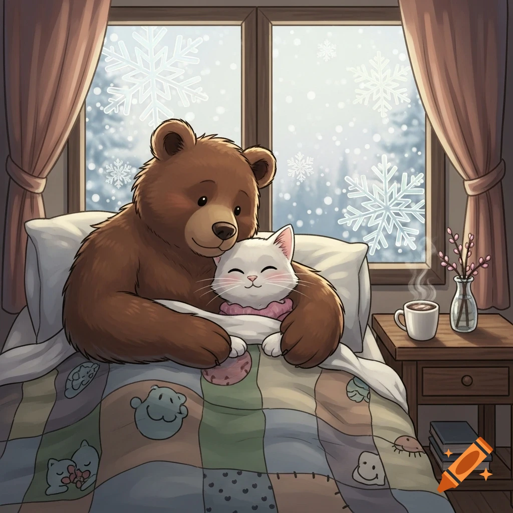 A cartoon anthropomorphic brown bear hugs a white cat in bed, looking out at a snowy window.