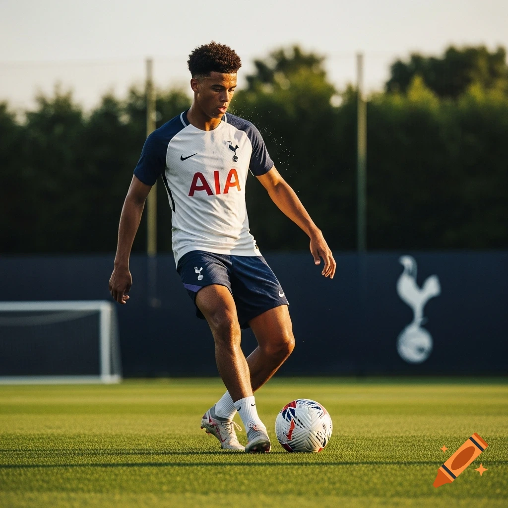 A young Tottenham Hotspur academy soccer player in a white and blue uniform dribbles a ball on a green field.