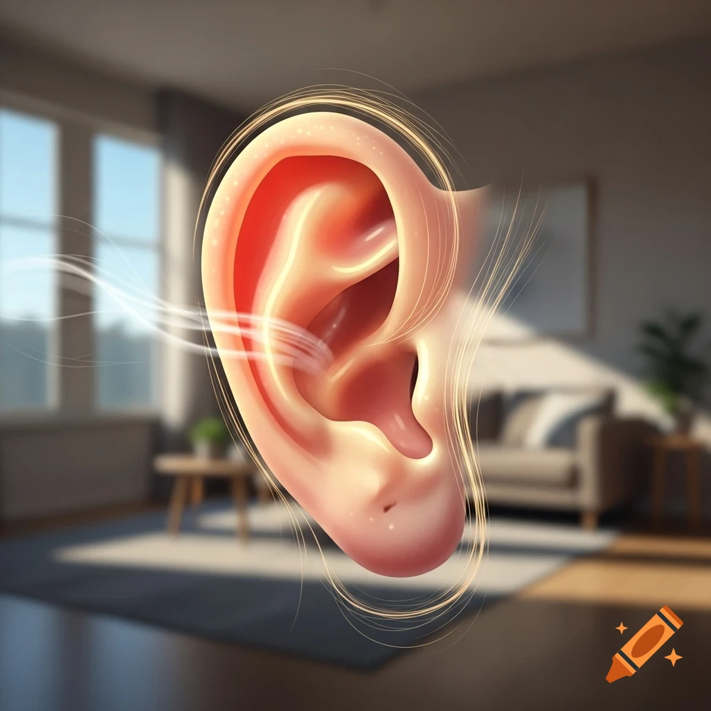 A stylized illustration of a human ear with sound waves emanating from it, set against a blurred background of a living room.