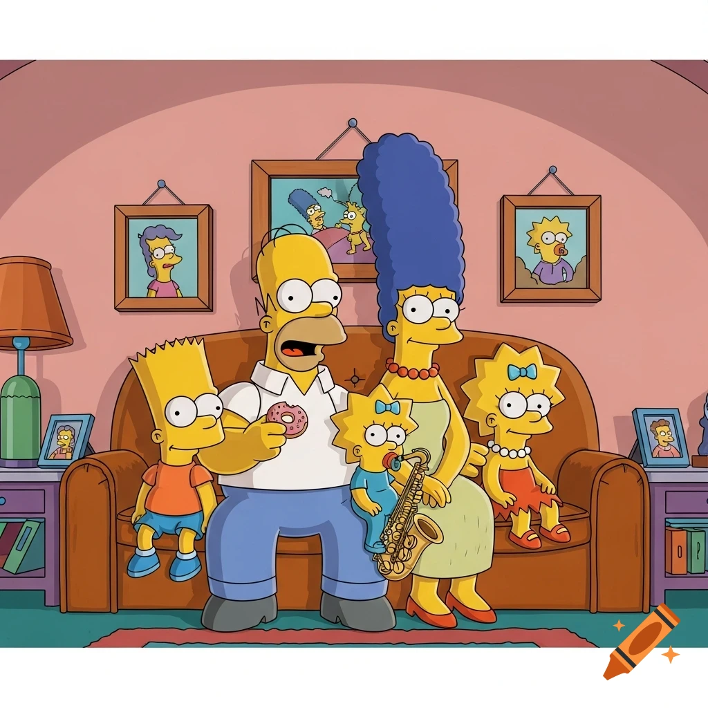 The Simpsons family, Homer, Marge, Bart, Lisa, and Maggie, sit together on their iconic living room couch.