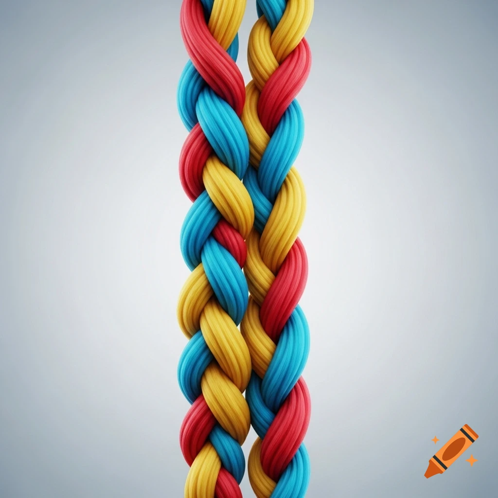 Two colorful braided cords, red, yellow, and blue, intertwined on a light background.