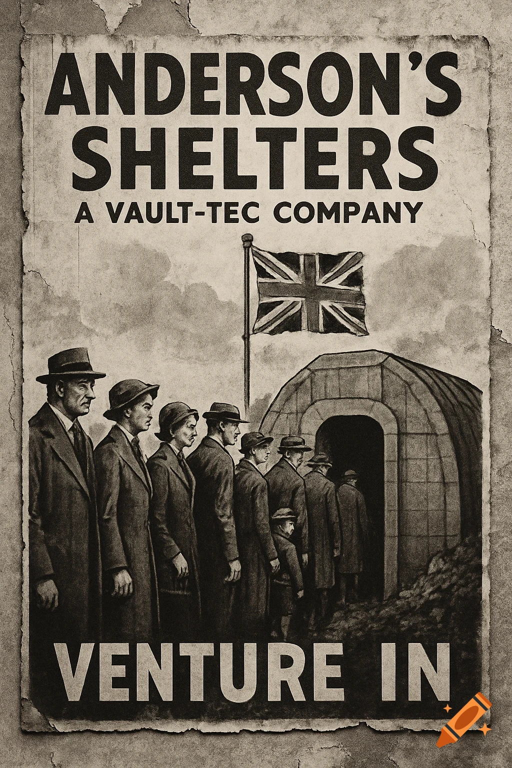 Sepia-toned vintage poster showing people queuing to enter Anderson's Shelters bunker, under a British flag, with 'Venture In' text.