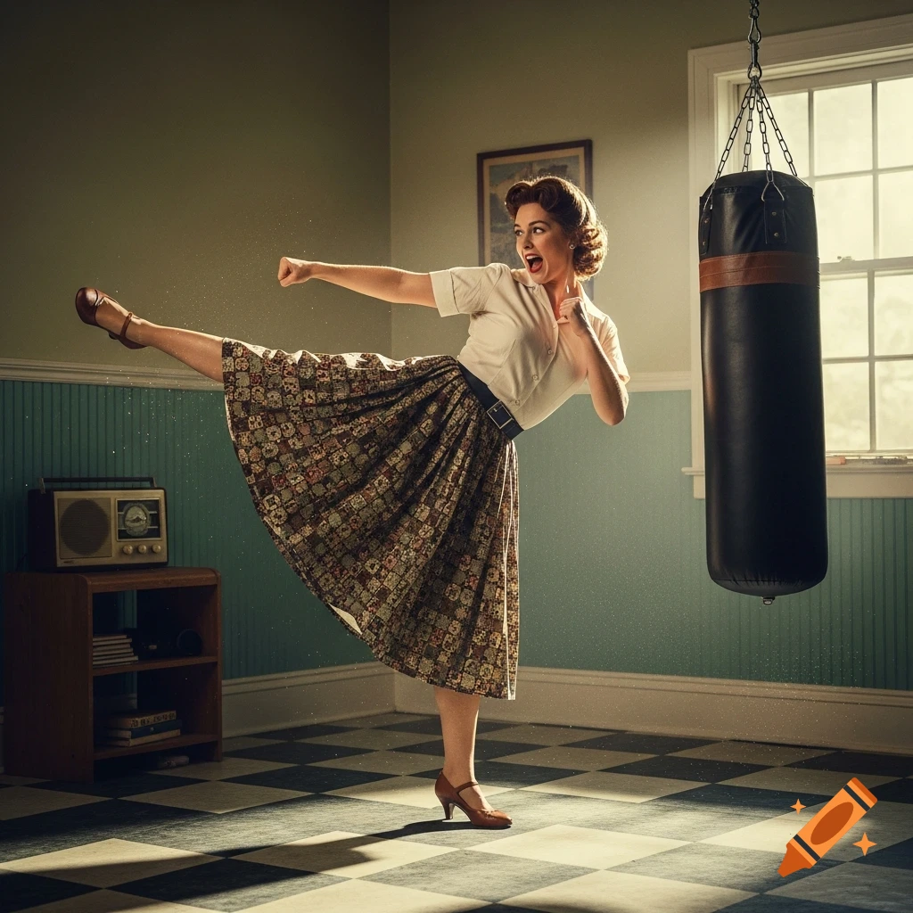 A retro 1950s housewife in a skirt and heels delivers a high karate kick to a punching bag in a sunlit room.