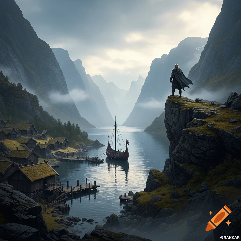 A warrior in a cloak stands on a cliff overlooking a Nordic fjord village with a Viking longship on the water.