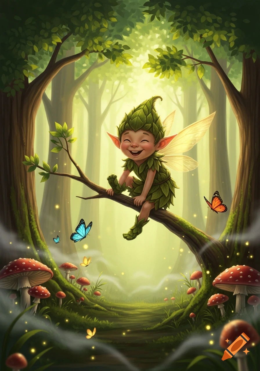 A smiling, leaf-clad fairy sits on a tree branch in a whimsical, glowing forest with mushrooms and butterflies, vibrant illustration.
