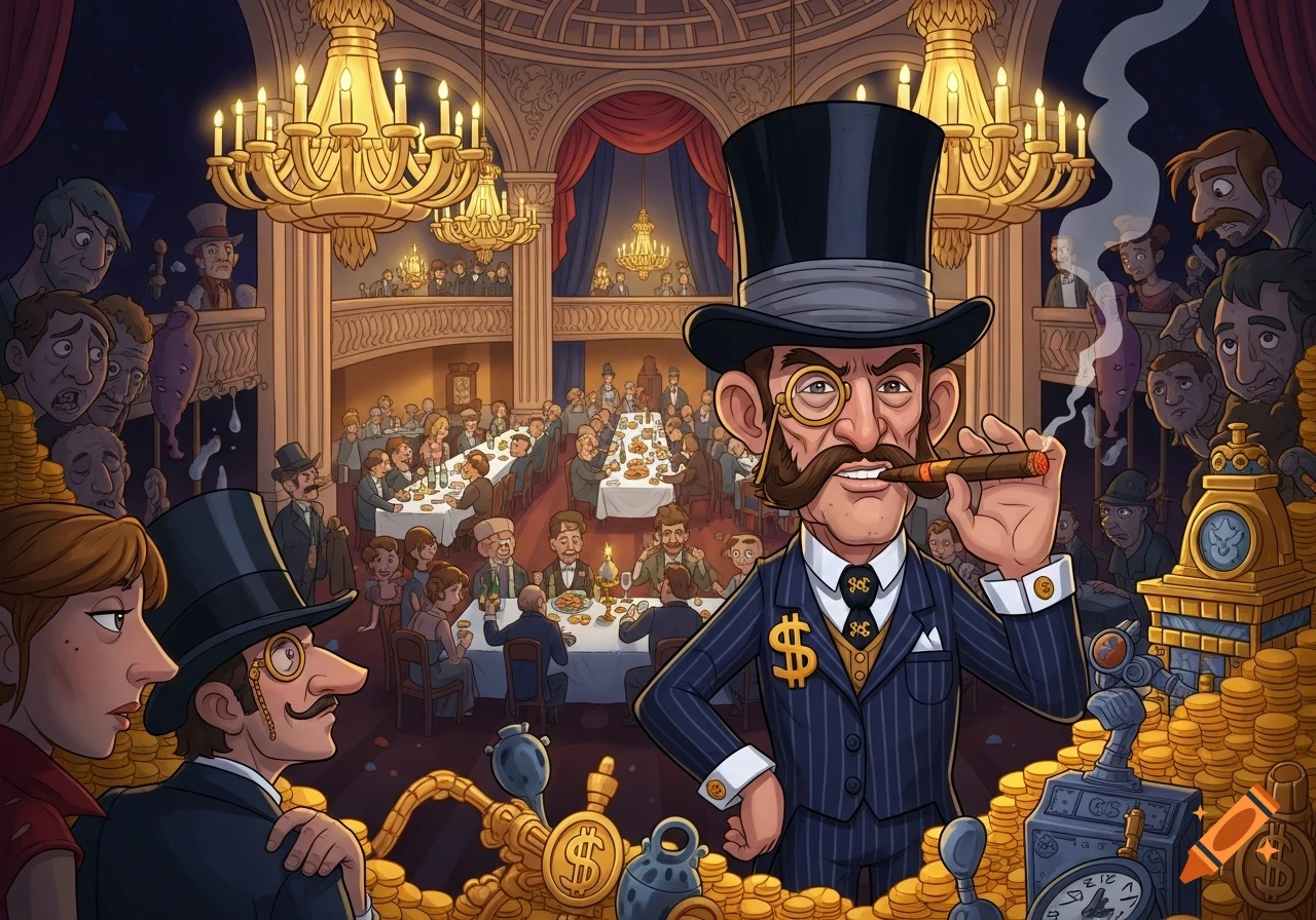 Cartoon of a wealthy man in a top hat smoking a cigar amidst gold coins at a lavish dinner, with poor onlookers in the background.