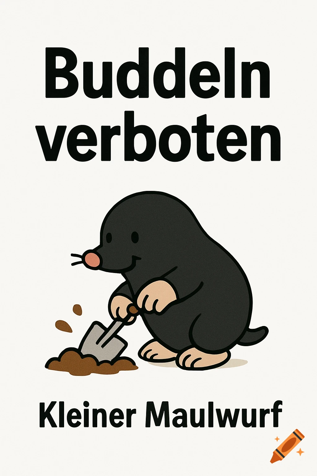 A cartoon mole with a shovel digging dirt, below text 'Buddeln verboten' and 'Kleiner Maulwurf' on a white background.
