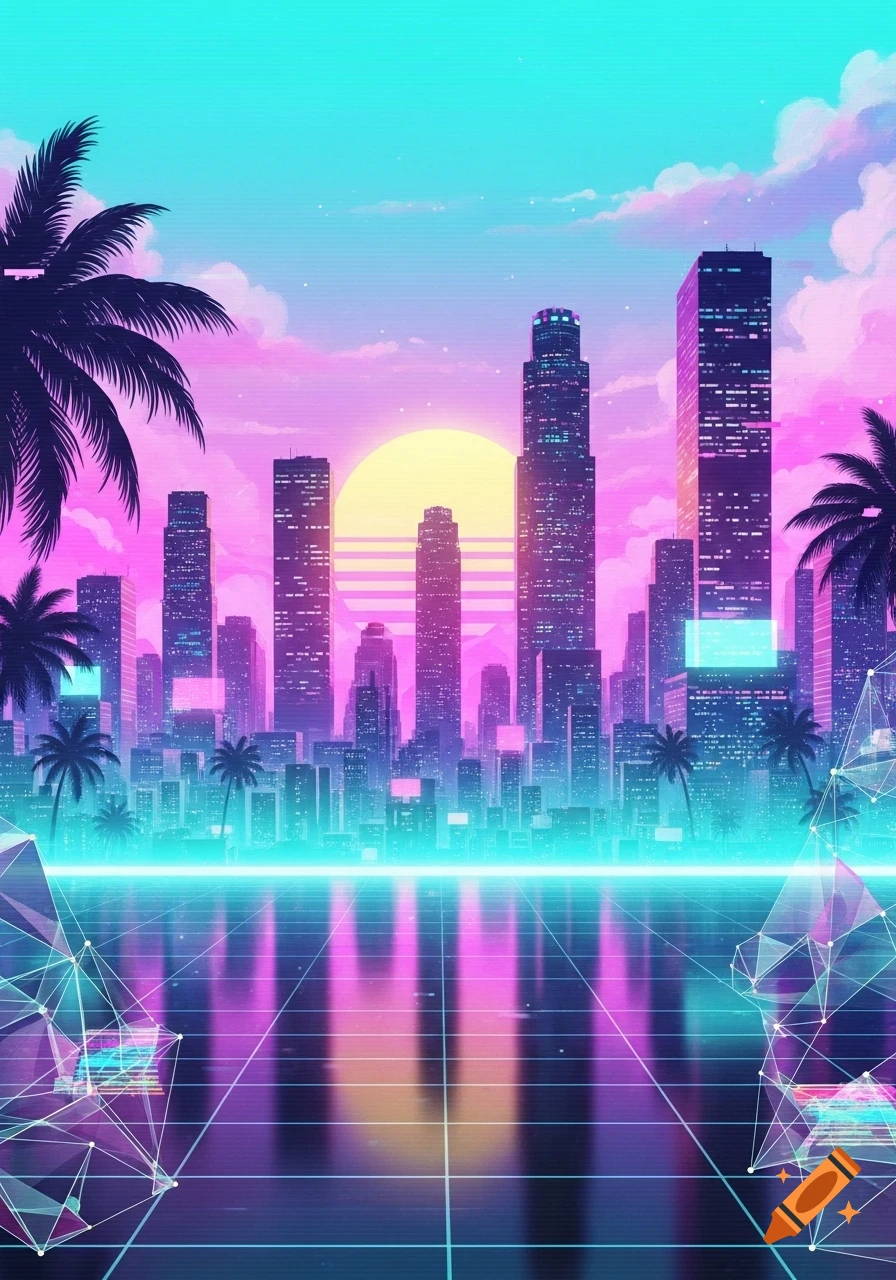 A vibrant vaporwave cityscape at sunset, featuring tall skyscrapers, silhouetted palm trees, and a large yellow sun reflecting on a neon grid foreground.